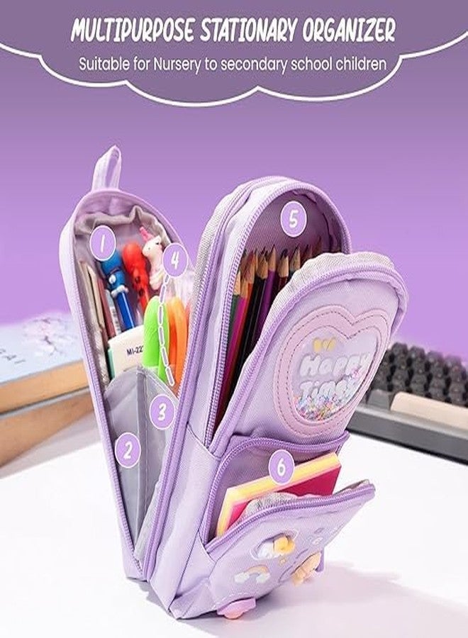 Veemok Premium Canvas Pencil Case - 3 Compartments, 6 Layer Large Capacity Zipper Pouch - Cute Aesthetic “Happy Time” Design for Girls, School Kids, and Office Use - (Pack-1) (Purple) - Image 3
